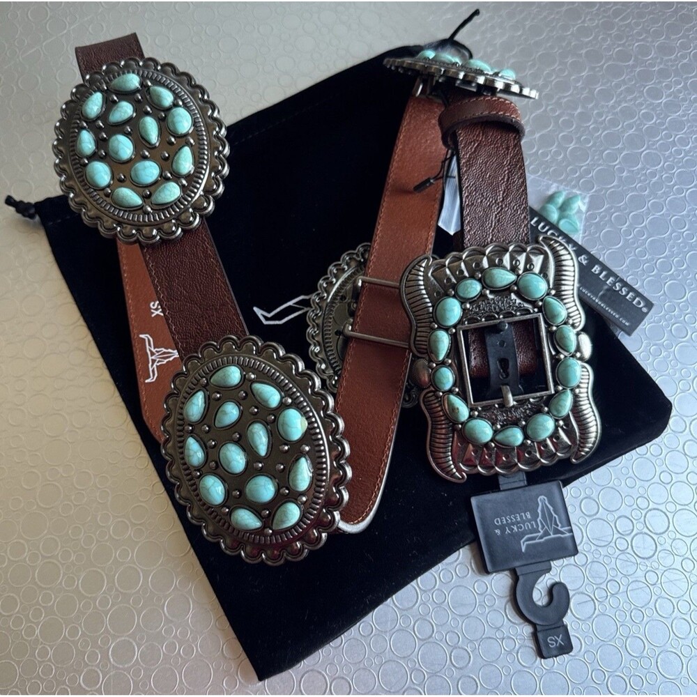 Lucky & Blessed Turquoise Concho Leather Belt - Size XS Runs Bigger Dust Bag